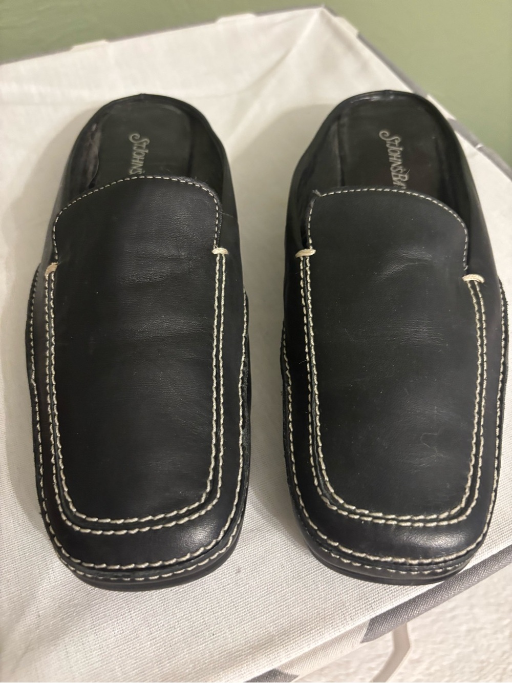 St. John's Bay Black Leather Slip-On Mules with White Stitching